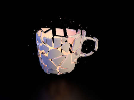 Coffee tea cup broken with sharp shards and orange light inside bullet time freeze frame stop motion. Empty on black background with shadow and reflection.の写真素材