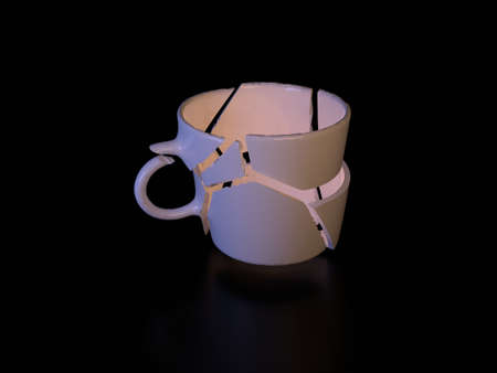Coffee tea cup broken with sharp shards and orange light inside bullet time freeze frame stop motion. Hot summer breakfast milk. Empty on black background with shadow and reflection.の写真素材
