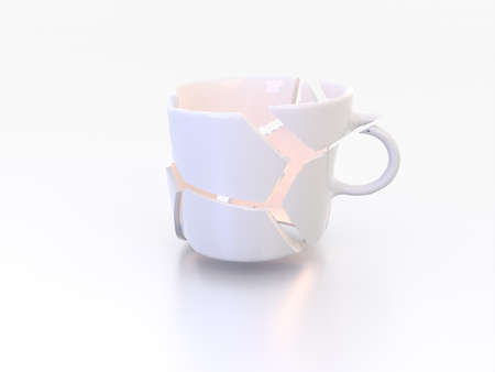 Coffee tea cup broken with sharp shards and orange light inside bullet time freeze frame stop motion. Hot summer breakfast milk. Empty on white background with shadow and reflection.の写真素材