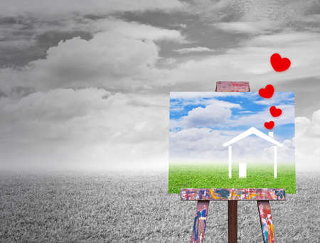 Drawing of Dream House on Canvas in Black and White Landscapeの写真素材