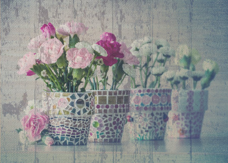 Carnation in mosaic flower pot  Vintage style の写真素材