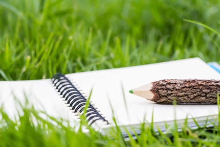 Pencil and notebook on grassの写真素材