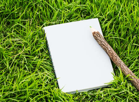 Pencil and notebook on grassの写真素材