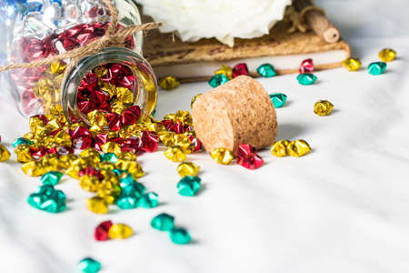 Origami stars on the bedの写真素材