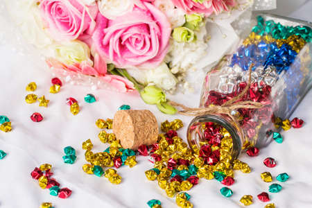 Origami stars on the bedの写真素材