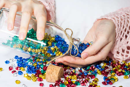 Origami stars on the bedの写真素材