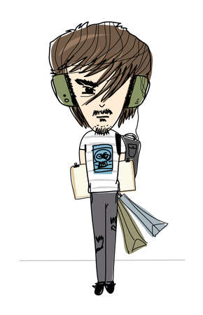 Man artist listening to music on white backgroundのイラスト素材