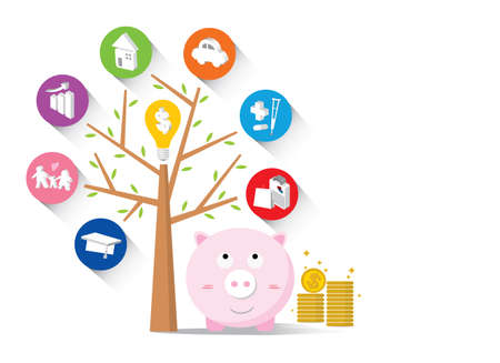 Piggy bank and icons design to represent the concept of savingのイラスト素材