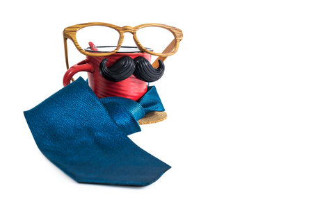 Fathers day concepts of red cup with mustache and necktie and glasses on white background with clipping pathの写真素材