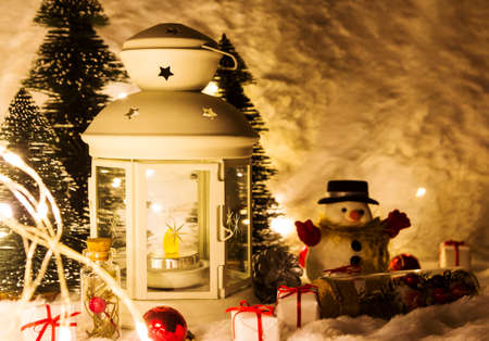 Christmas decoration of lantern and pine treeの写真素材