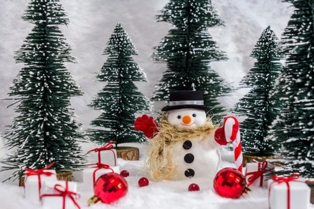 Snowman in the pine forest with snow for christmas