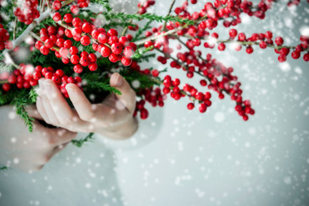 Woman hands holding ilex verticillata or winterberry in winter for christmas decoration