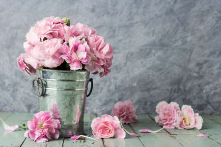 Pink carnation flowers in zinc bucket on old woodの写真素材