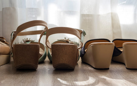 Woman shoes on wooden floorの写真素材