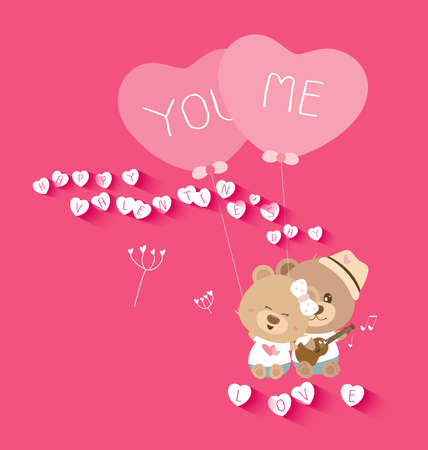 Love concepts for valentines day of couple teddy bear holding pink heart balloon and playing ukuleleのイラスト素材