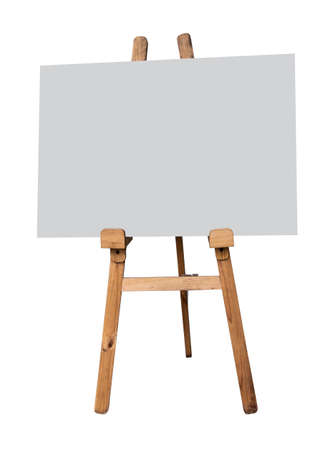 Blank art board on wooden easel on white backgroundの写真素材