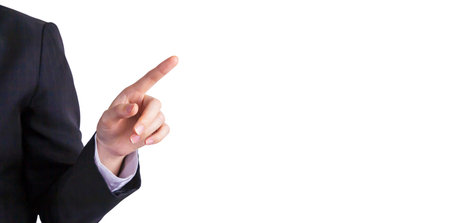 Business woman wagging something on white backgroundの写真素材