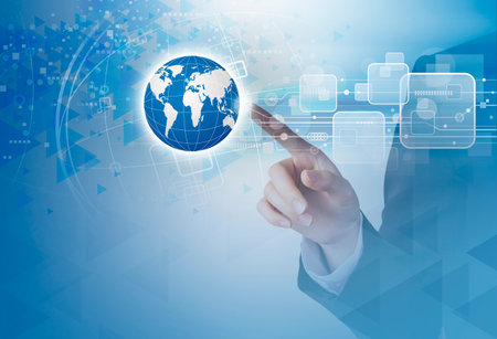Double exposure of business woman hand touching world and technology design