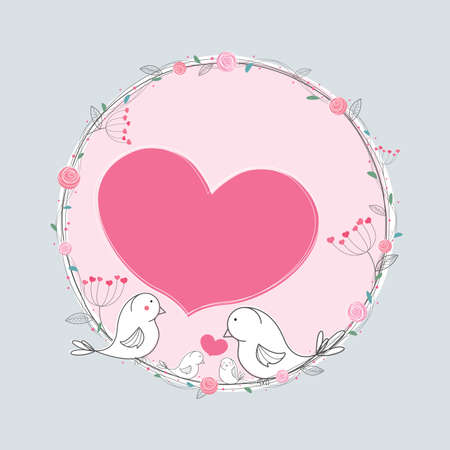 Love concepts of hand drawn white family birds on tree with pink heart for valentines day and weddingのイラスト素材