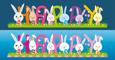 Vector happy easter concept of cute bunny holding eggs on grassのイラスト素材