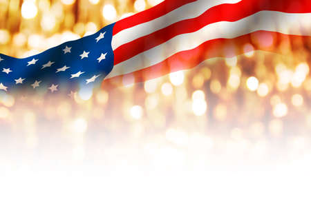 Double exposure of USA flag and gold bokeh for independence day and other celebrationの写真素材