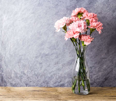 Pink carnation flowers in clear bottle with copy spaceの写真素材