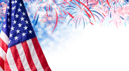American flag and bokeh background with firework and copy space for 4 july independence day and other celebrationの写真素材