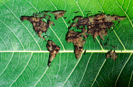 Think green and ecology concept of world map with rust on fresh green leaf texture background save...