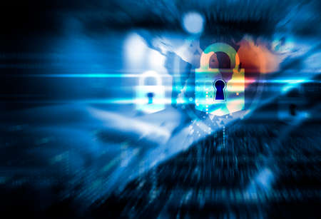 Security internet concept of woman finger touching digital tablet with keyの写真素材