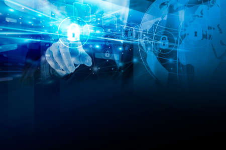 Double exposure of business woman hand touching global technology security designの写真素材