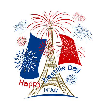 Vector 14 july bastille day paris design with firework and france flag on white backgroundのイラスト素材
