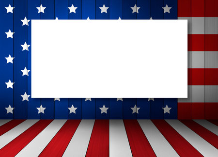 Blank canvas frame on USA flag design on wooden backgroundの写真素材