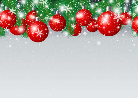 Vector christmas background design of red xmas ball and fir branch with snowのイラスト素材