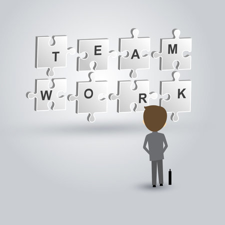 Teamwork concept of businessman looking to the jigsaw puzzleのイラスト素材