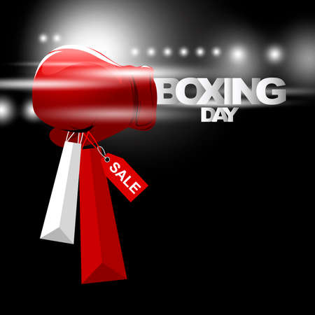 Boxing day sale concept design of boxing gloves holding shopping bag with lightのイラスト素材