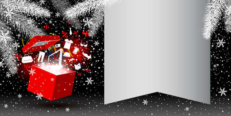 Red gift box with fashion icon and firework on christmas background with copy spaceのイラスト素材