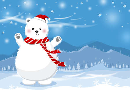 Christmas concept design of white bear with hat at winter mountain vector illustrationのイラスト素材