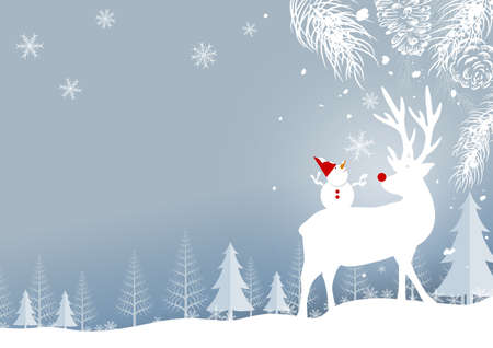 Christmas background design of reindeer and pine leaves with snowflake in the forest winter vector illustrationのイラスト素材