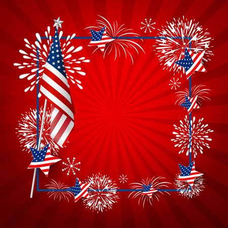 USA background design of america flag and fireworks with line frame vector illustrationのイラスト素材