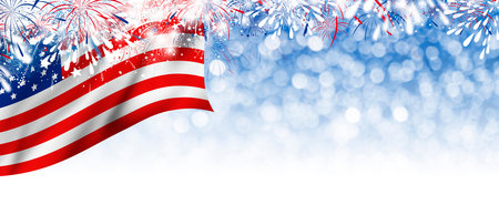 USA 4 july independence day design of america flag and fireworks on white background with copy spaceの写真素材