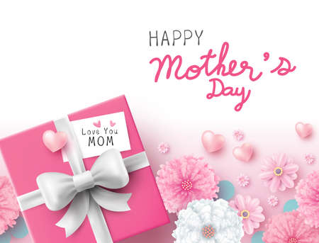 Mothers day concept design of gift box with love you mom message and flowers on white background vector illustrationのイラスト素材