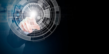 Double exposure of business woman hand touchin digital technology design with copy space