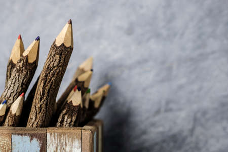 Color pencil in vintage box with copy spaceの写真素材