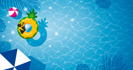 Pineapple inflatable in swimming pool with shadow tropical leaves vacation summer vector...