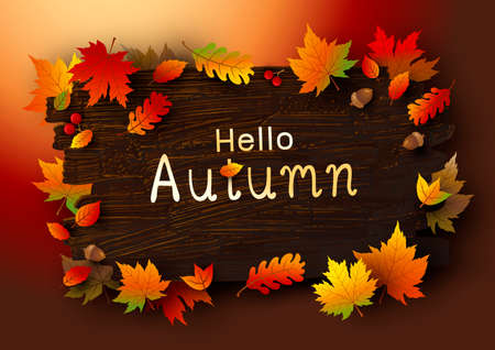 Autumn leaves on brown wood background vector illustrationのイラスト素材