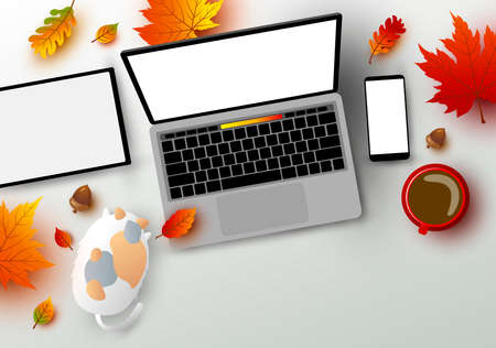 Autumn concept of workspace laptop computer digital tablet and smartphone mockup with leaves fall on the table vector illustrationのイラスト素材