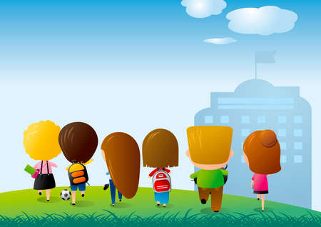 Back to school concept design of group student running on green grass with copy space vector illustrationのイラスト素材