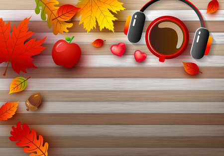 Autumn background design of coffee cup and earphone with leaves fall on wood table vector illustrationのイラスト素材