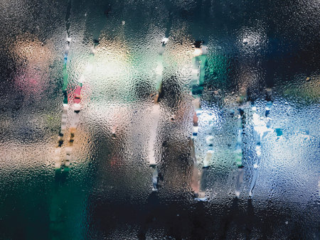 Raindrops on glass window in rainy season at cafe