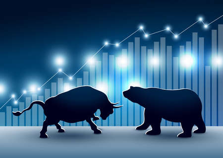 Stock market design of bull and bear with graph and chart vector illustrationのイラスト素材